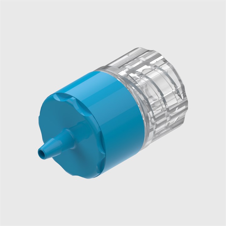 ISO 80369-7 ABS Bodied Filtered Check Valve, Silicone Seal, 0.2 Micron Hydrophobic Glass Fibre disc, 1/16" (1.6mm) ID Tube to Male Luer Lock, Cracking Pressure ≤ 0.1 psi