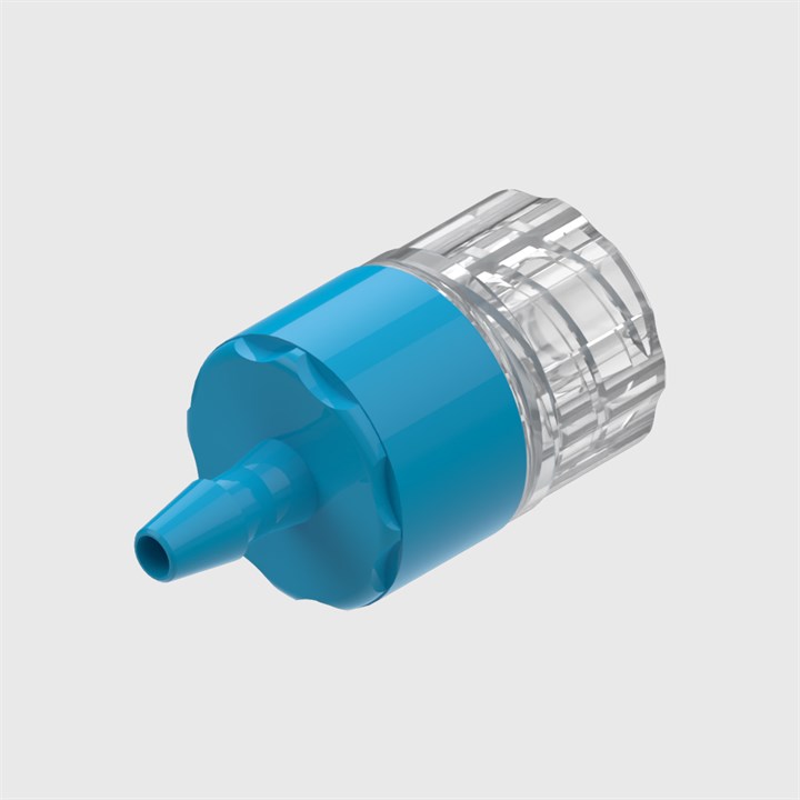 ISO 80369-7 ABS Bodied Filtered Check Valve, Silicone Seal, 0.2 Micron Hydrophobic Glass Fibre disc, 3/32" (2.4mm) ID Tube to Male Luer Lock, Cracking Pressure ≤ 0.1 psi