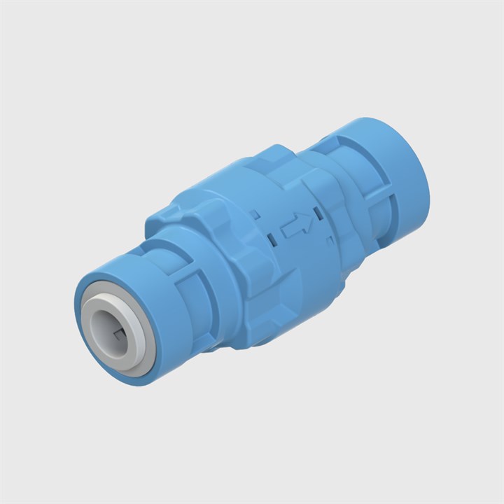 Modular Blue Check Valve, Buna-N (Nitrile) Seals, 1/4" OD Tube Push-in Input and Output, Cracking Pressure 3 psi