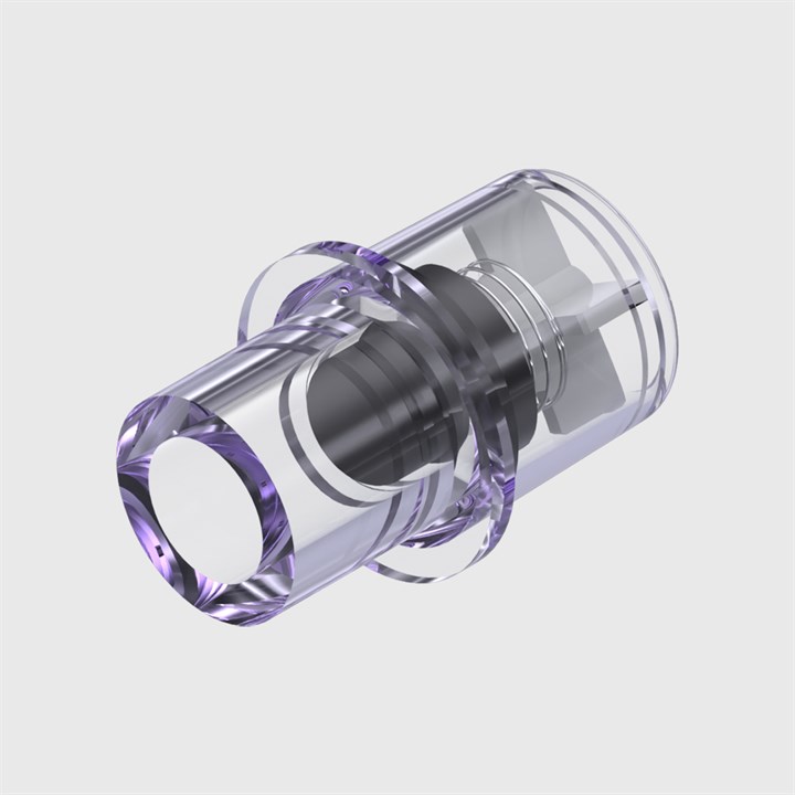 Clear Gamma Grade Polycarbonate Pressure Relief Valve, Silicone Seal, Luer Syringe Port to 0.278" (7.1mm) OD Stem, Cracking Pressure 2.7 psi