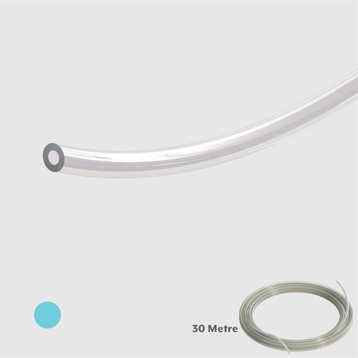 Clear Unreinforced PVC Tubing, 80 Shore A, 1/4" (6.4mm) ID x 3/8" (9.5mm) OD - 30M - Compatible with Blue Dot Fittings