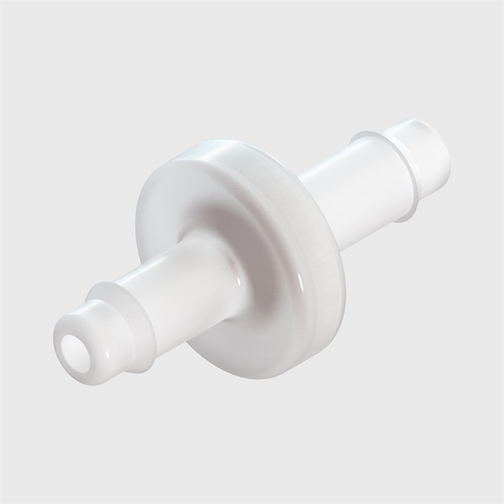 Polypropylene Bodied Check Valve, Viton Diaphragm, 6.4mm (1/4") ID Tube, Cracking Pressure 0.5 psi