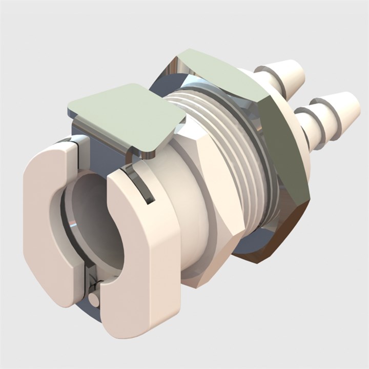 Thumb Latch-In-Line 1/8" ID Dual Tube Panel Mount Hose Barb Socket, Non-Valved, 3/32" Flow, Medical Grade ABS