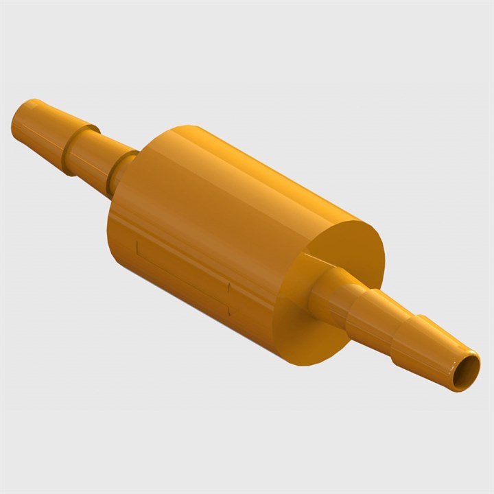 0.003" Orifice Restrictor with 5 micron filter, 1/16" Barbed Ports, Polycarbonate