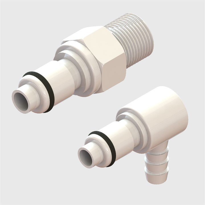 Thumb Latch Couplings - 1/4" Flow, Plugs, Valved, Plastic latch - Acetal - Q5 Series