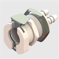 Thumb Latch-In-Line 1/8" ID Dual Tube Panel Mount Hose Barb Socket, Non-Valved, 3/32" Flow, Medical Grade ABS