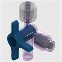 4 Way T-Handle Swabable Needle Free Luer Activated Stopcock, Clear Polycarbonate, Blue HDPE Handle